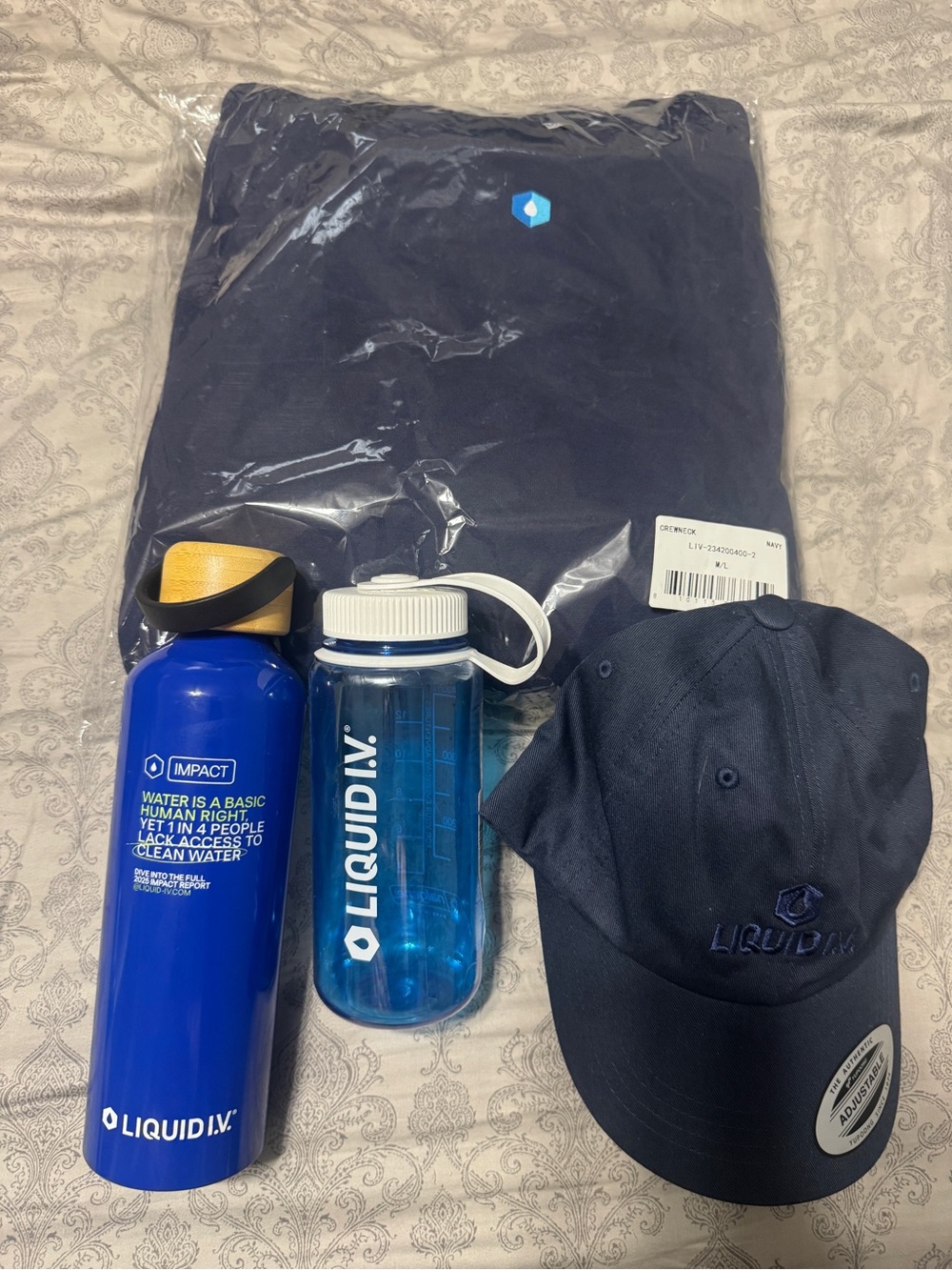 Liquid I.V. Navy Crew Sweater, Hat & Blue Bottles Bundle